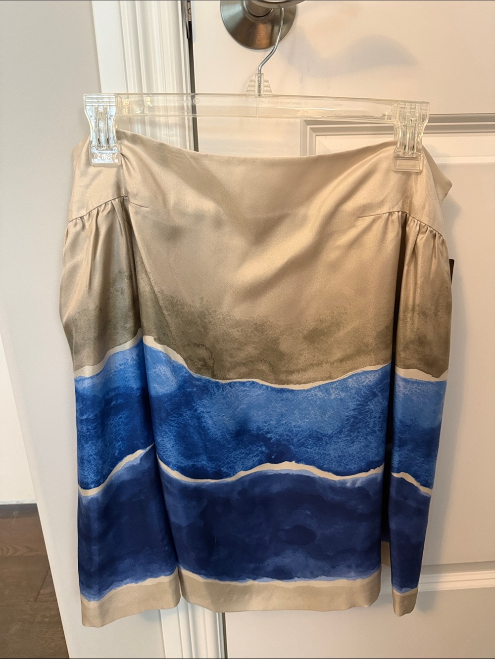 Victor Alfaro Beige Satin Mini Skirt with Blue Wave Panels